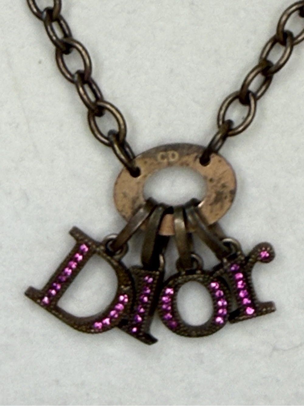 Dior Bronze Chain Necklace with Pink Crystal Letter Charms